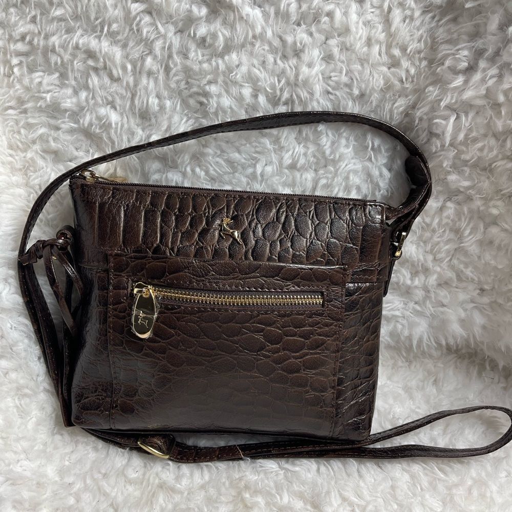ASHWOOD leather Brown croc embossed shoulder/crossbody bag gold tone accents